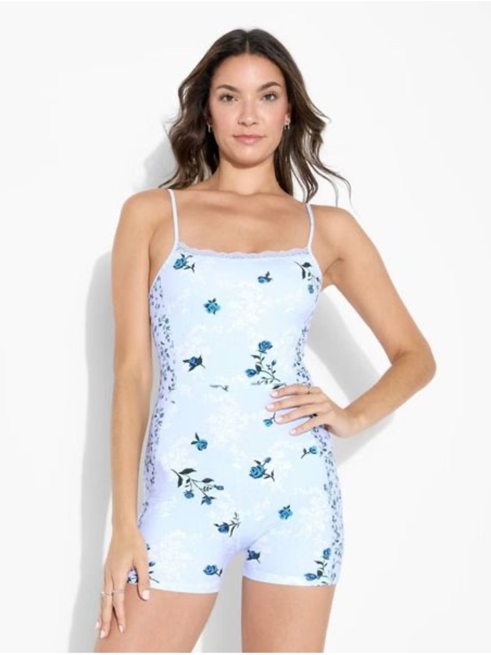 Wild Fable Women's ButterBliss Lace Trim Romper, XS - Light Blue Floral